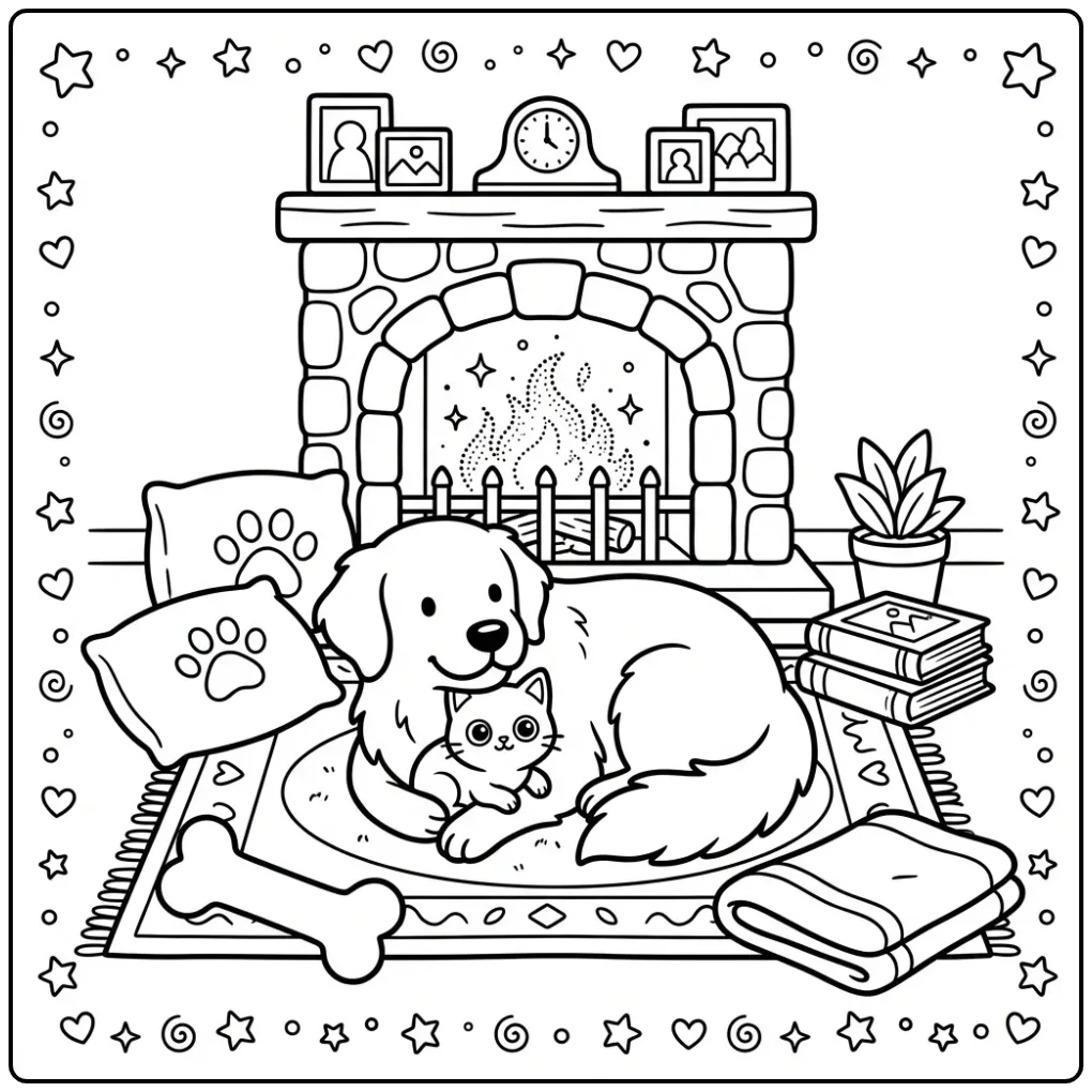 A friendly dog and kitten Golden Retriever Coloring Page scene.
