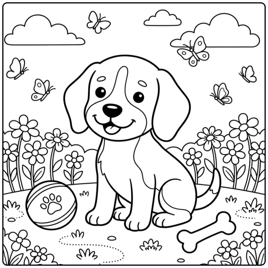 A happy Beagle Coloring Page For Kids sitting in a sunny park.