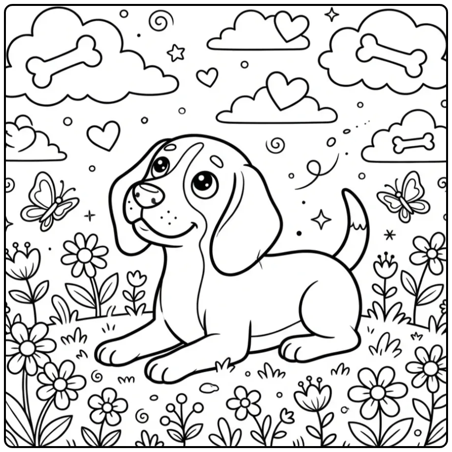 Adorable Beagle Coloring Page with bone and heart clouds.