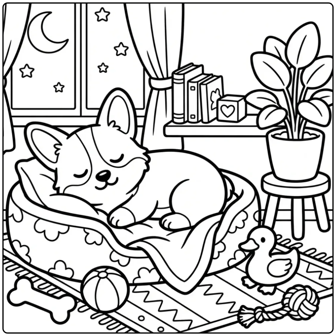 A sleepy Corgi Coloring Page in a cozy living room at night.