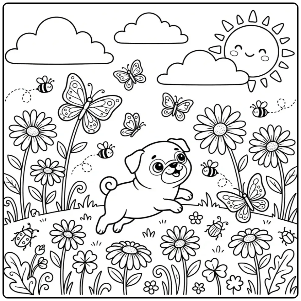 A happy puppy chasing butterflies in a meadow Pug Coloring Page.