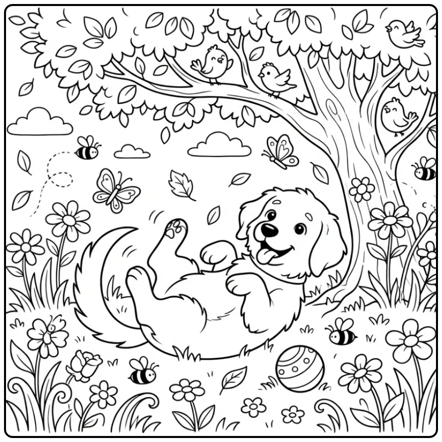 A joyful Golden Retriever Puppy Coloring Page rolling in grass.