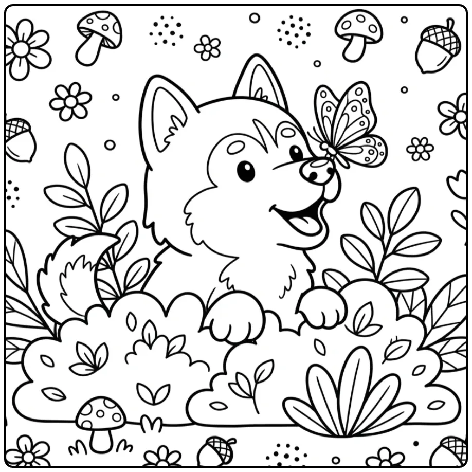 A curious puppy with a butterfly on its nose Husky Coloring Page.