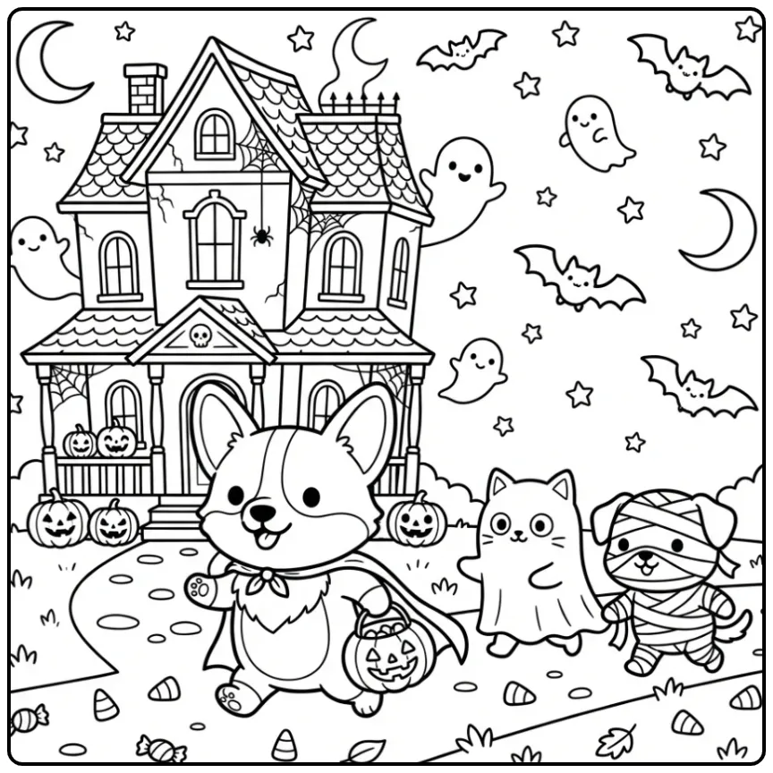 A superhero Corgi Halloween Coloring Page with friendly ghosts.