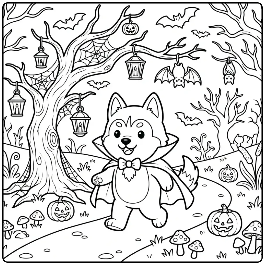 Adorable vampire dog in a spooky forest Halloween Husky Coloring Page.