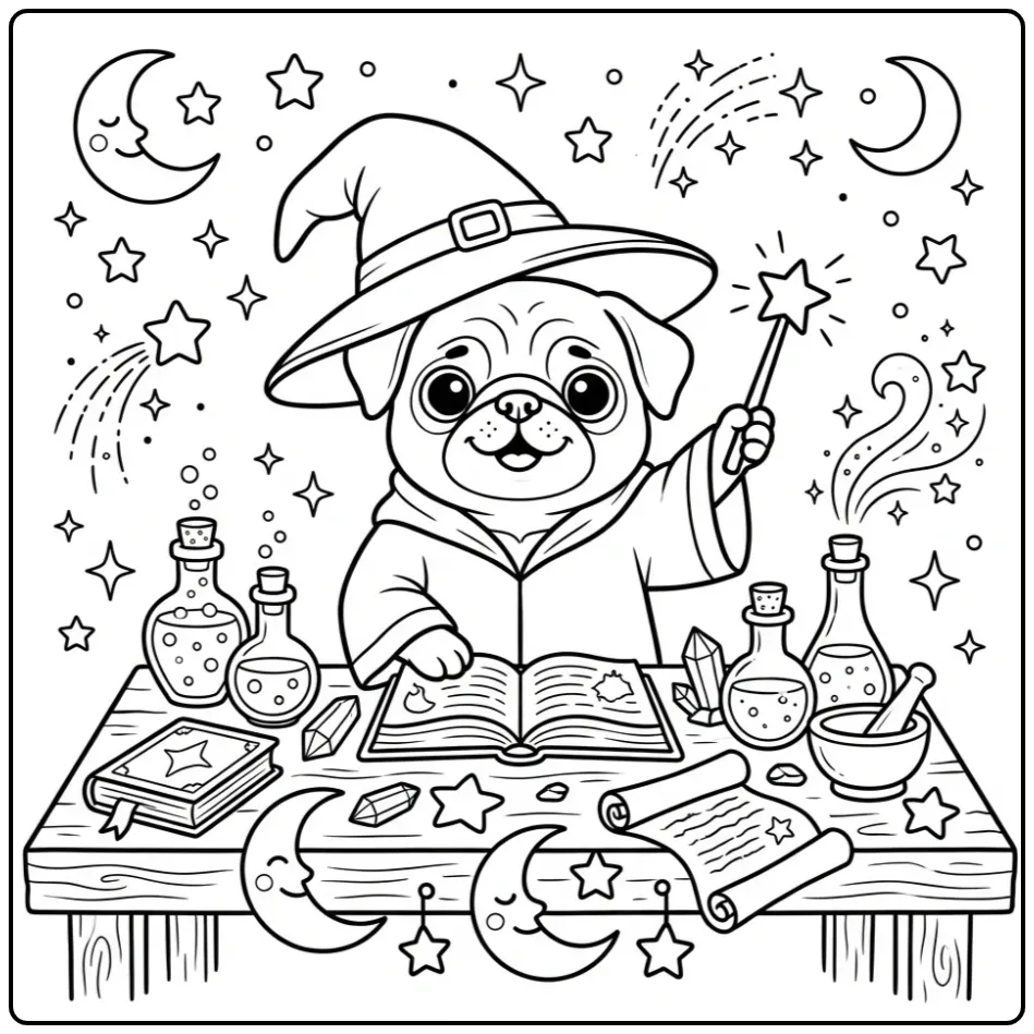 A magical wizard Pug Coloring Page with a starry background.