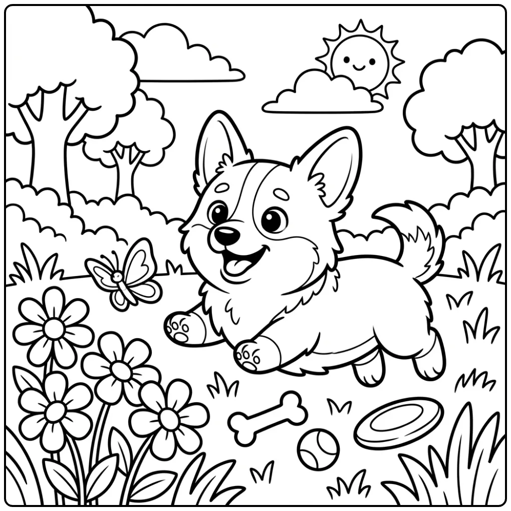 A cheerful puppy in a sunny park, a Cute Corgi Coloring Page.