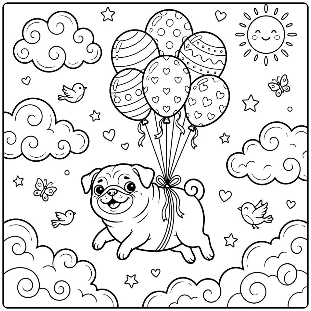 A cheerful pug floating with balloons in the sky, a cute Pug Coloring Page.