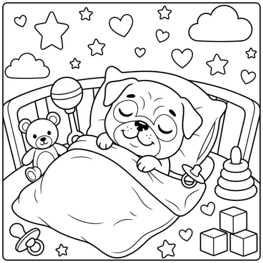 A cute Baby Pug Coloring Page of a pug sleeping in a blanket.