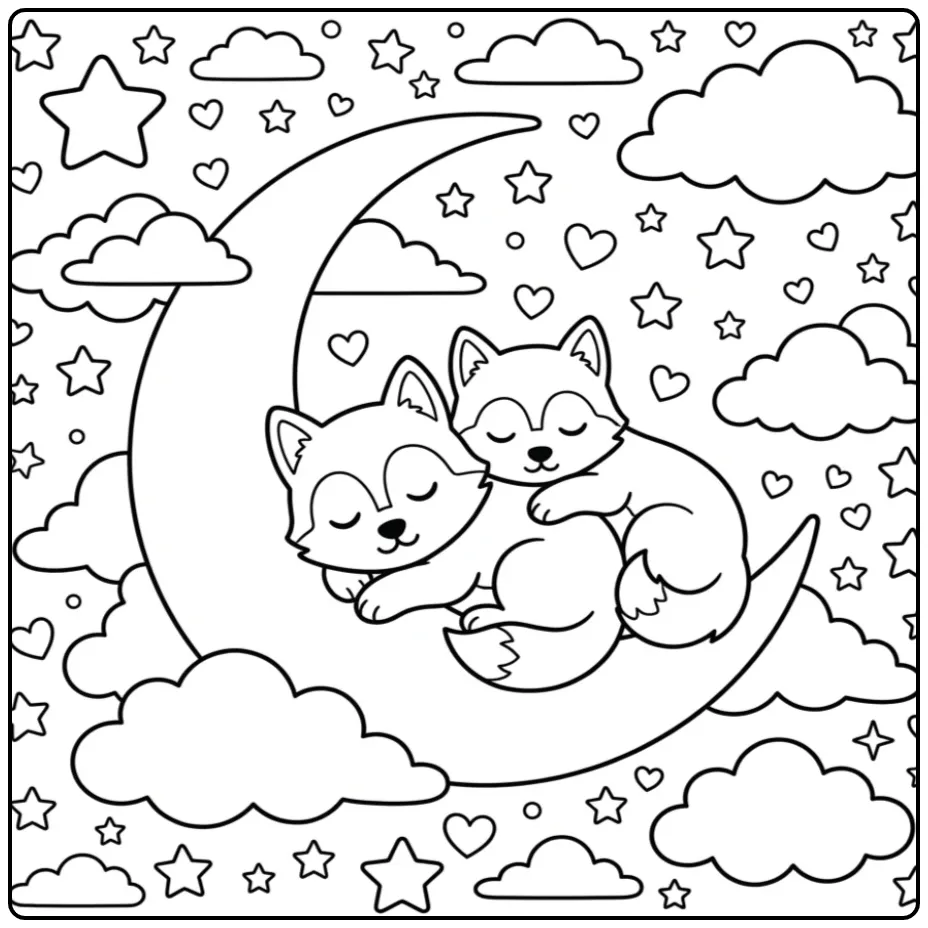 Two sleeping puppies on a moon in the sky Baby Husky Coloring Page.