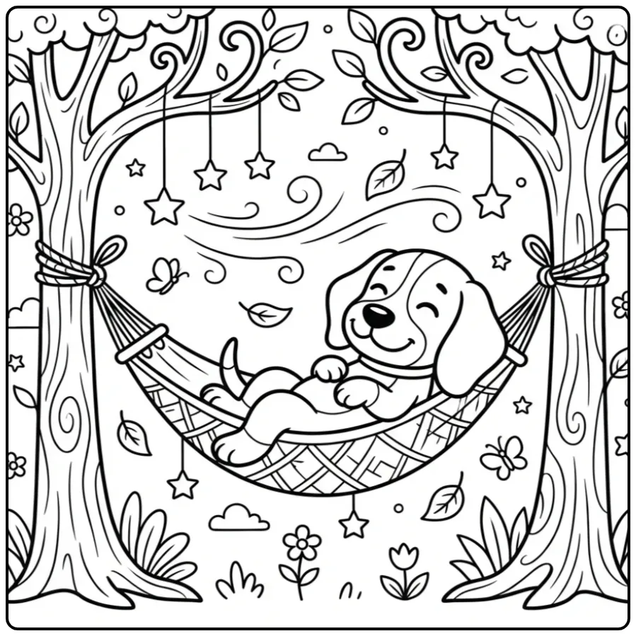 A cute cartoon Beagle Coloring Page of a dog in a hammock.