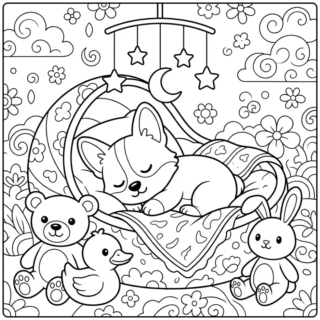 A cute sleeping Baby Corgi Coloring Page with stars and toys.