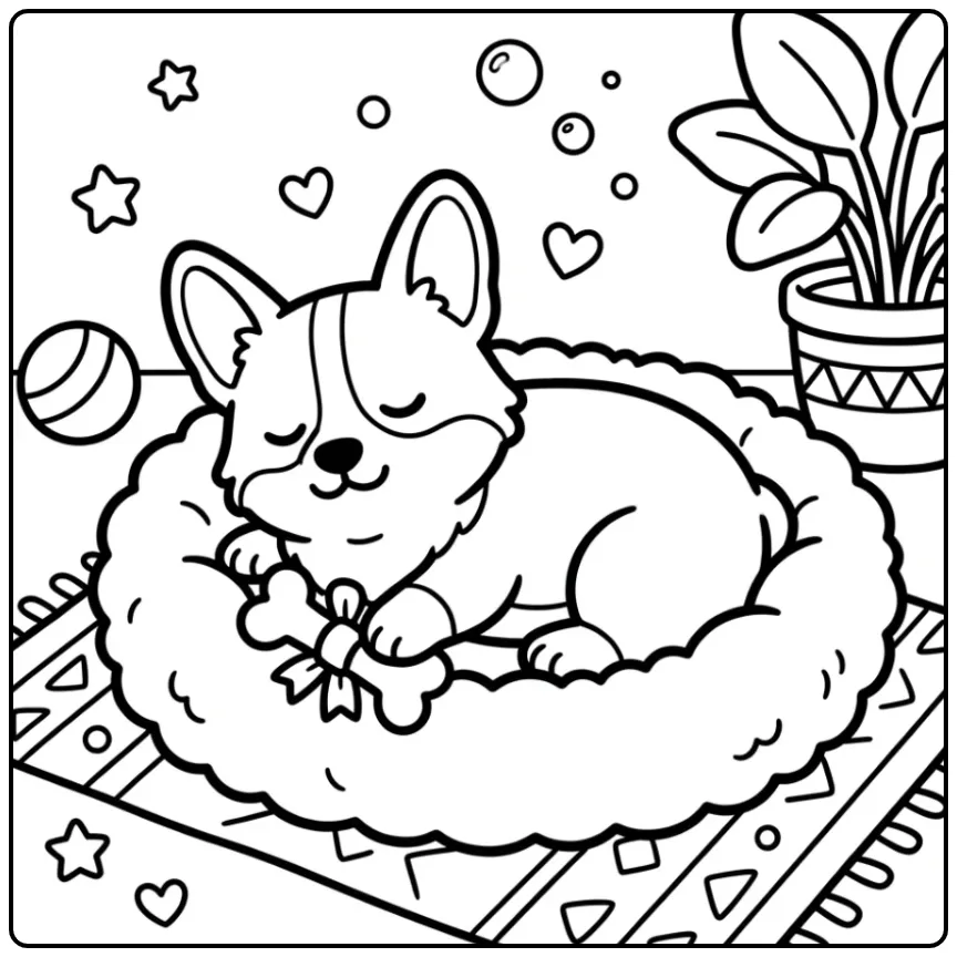 A sleepy puppy rests in a cozy bed on this Easy Corgi Coloring Page.