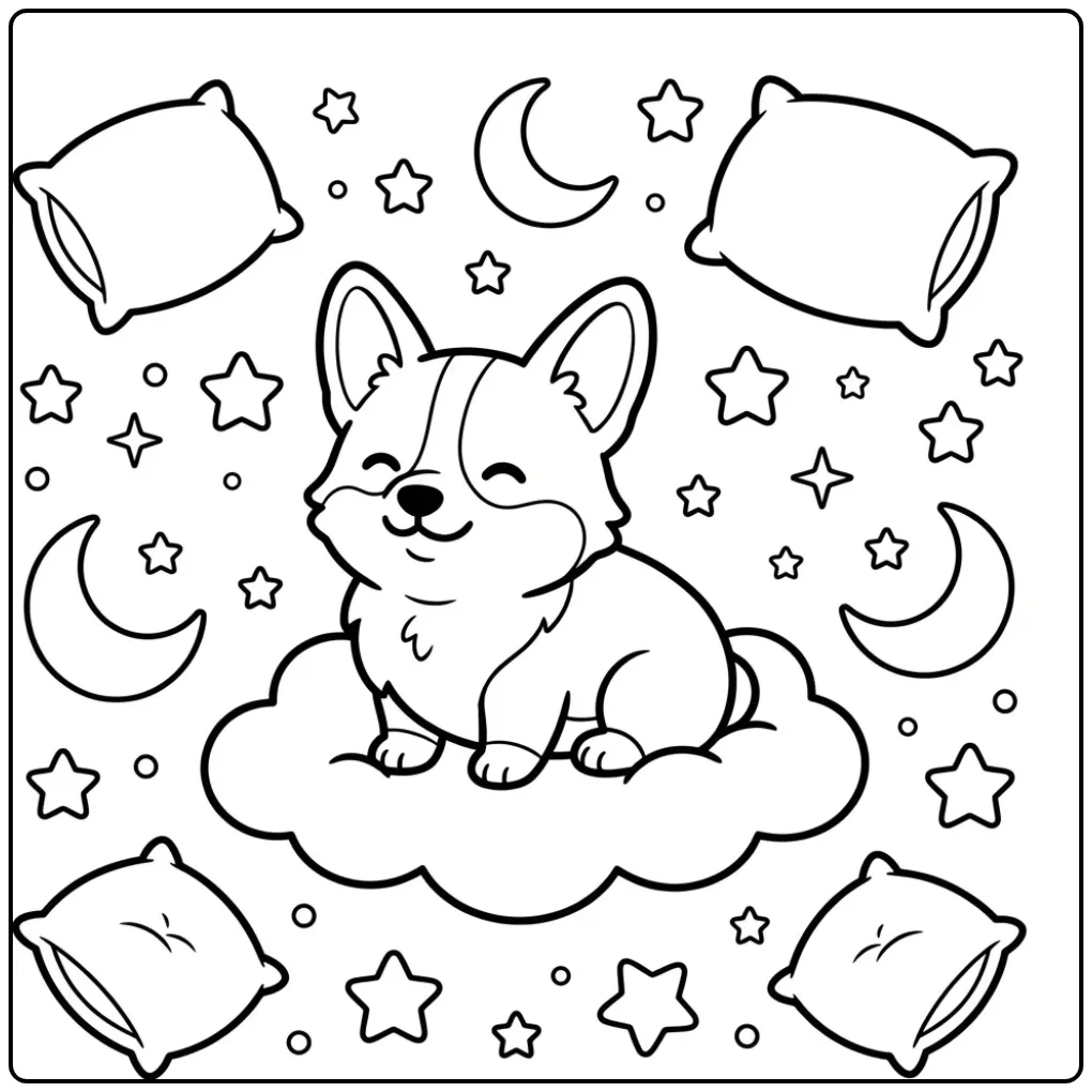A happy dog on a cloud with stars, a cute Corgi Coloring Page.
