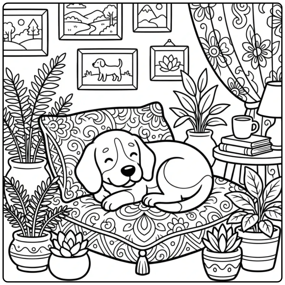 A cozy Beagle Coloring Page For Adults featuring a dog on a cushion.