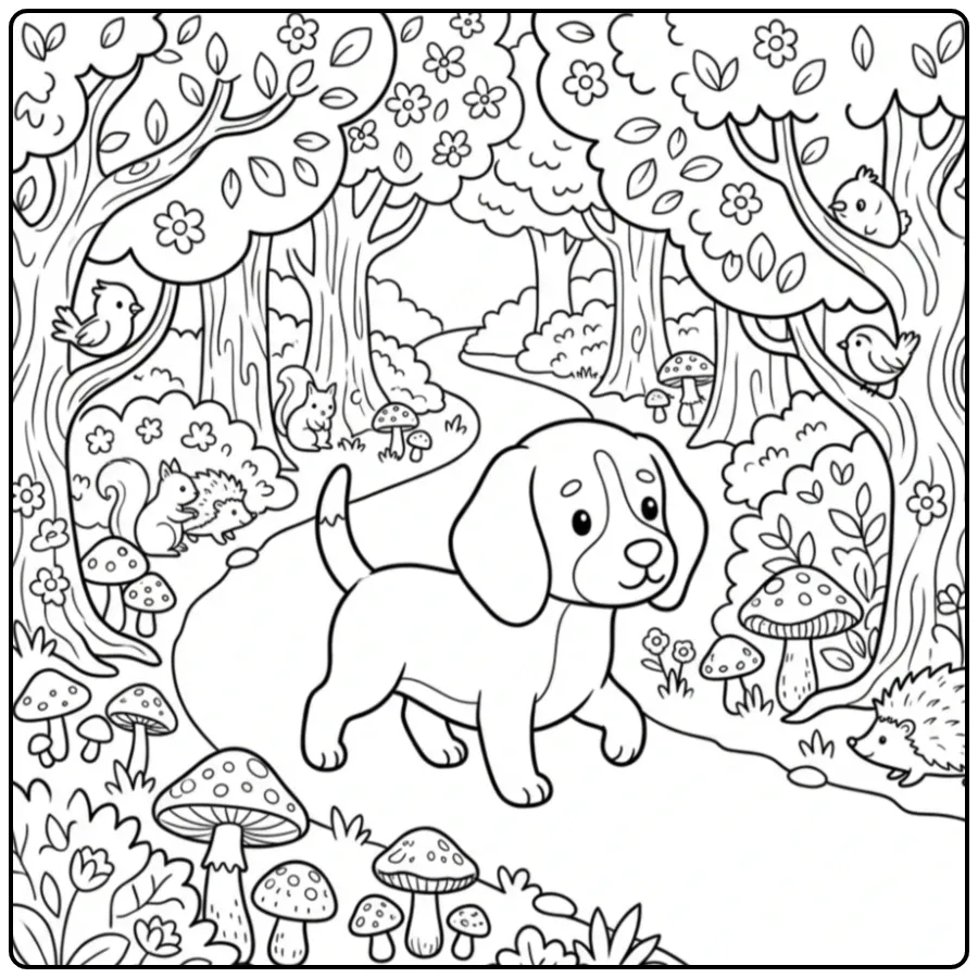 A cute dog on a forest path, a Beagle Coloring Page For Adults.