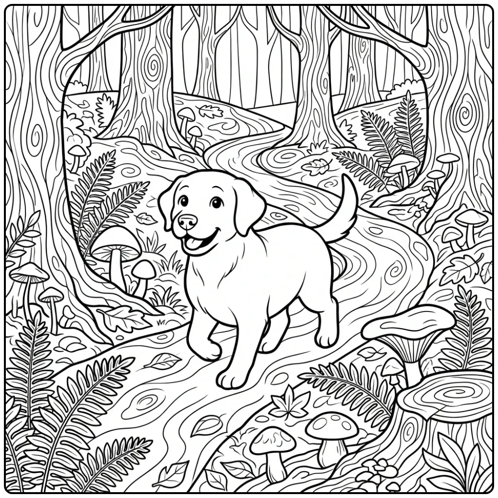 A sweet Labrador Coloring Page For Adults amid ferns and trees.