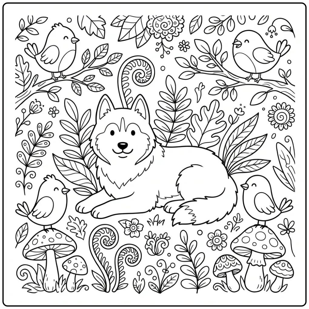 A serene Husky Coloring Page For Adults in a forest clearing.