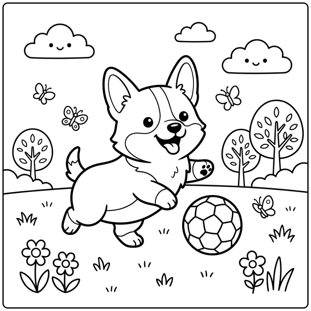 A happy dog playing with a soccer ball Corgi Coloring Page.
