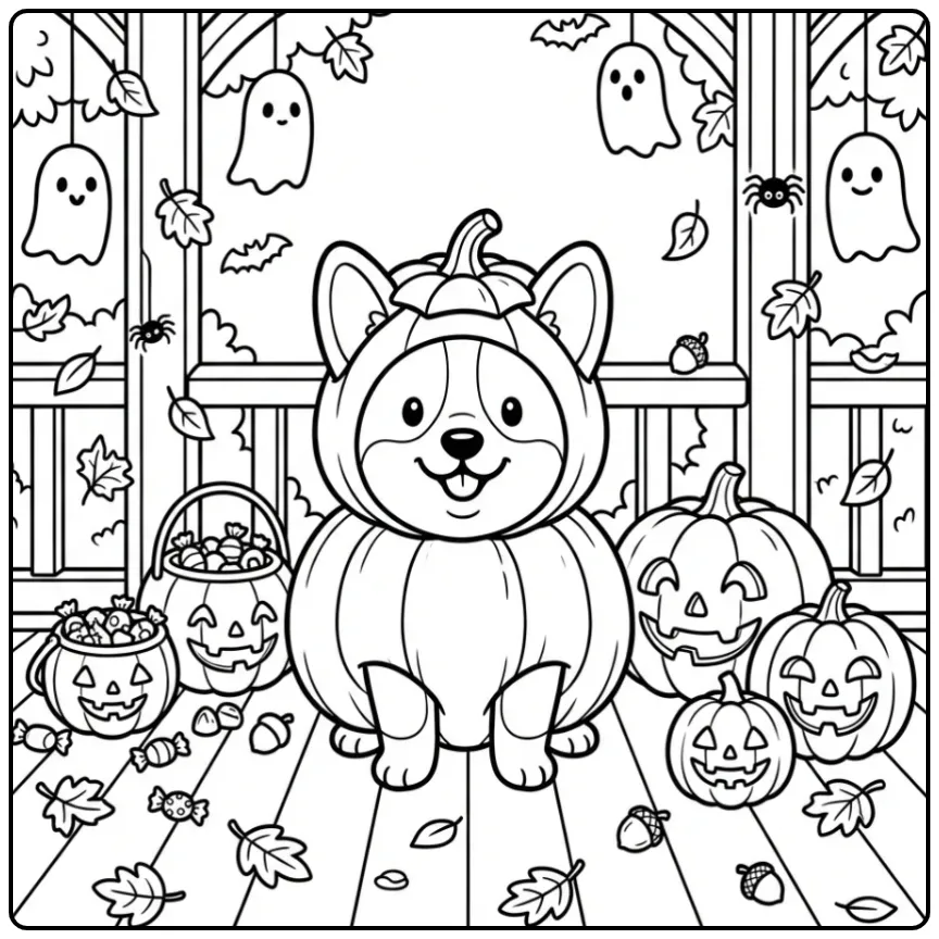 A cute dog in a pumpkin costume sits on a porch, a Corgi Halloween Coloring Page.