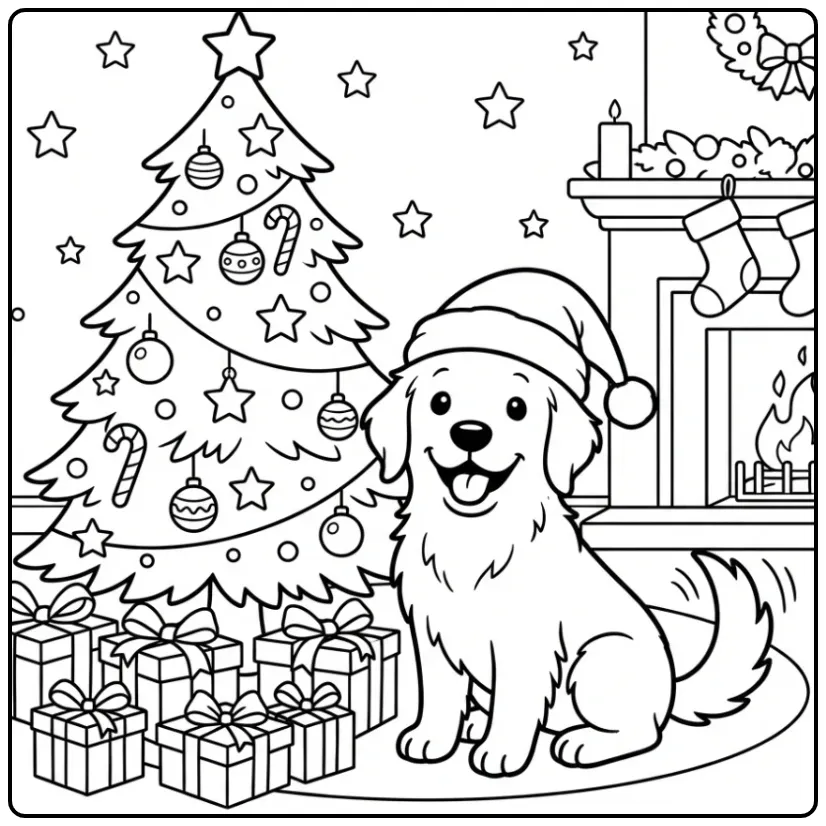 A happy pup in a Santa hat: Christmas Golden Retriever Coloring Page.