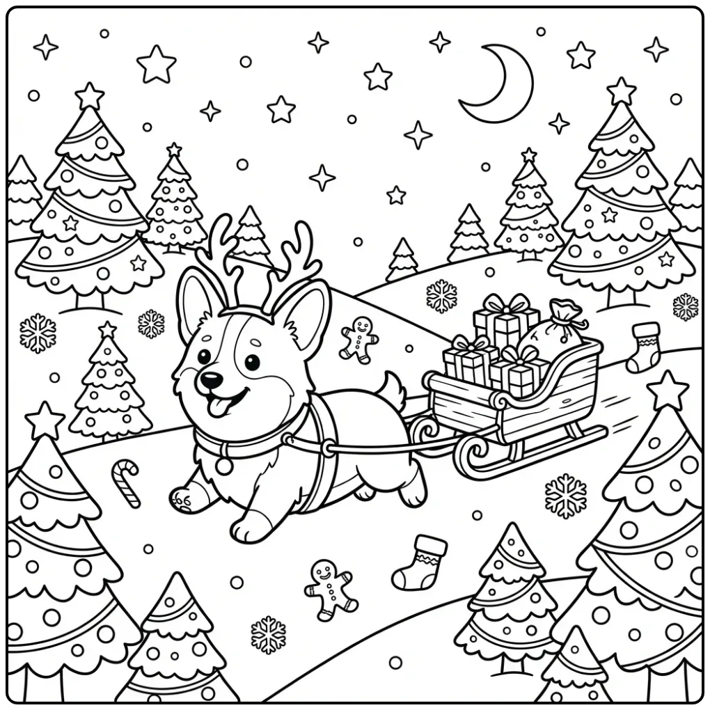 A cute Corgi Christmas Coloring Page with a reindeer sleigh.