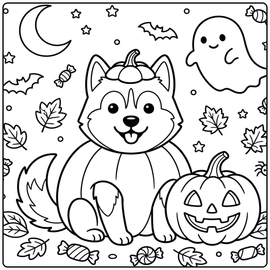 A cute Halloween Husky Coloring Page with a ghost and pumpkin.