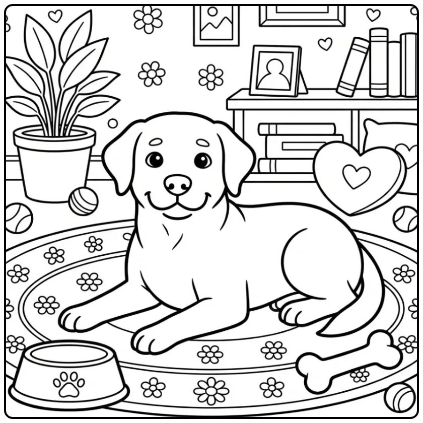 A cute, Easy Labrador Coloring Page with a dog and its toys.