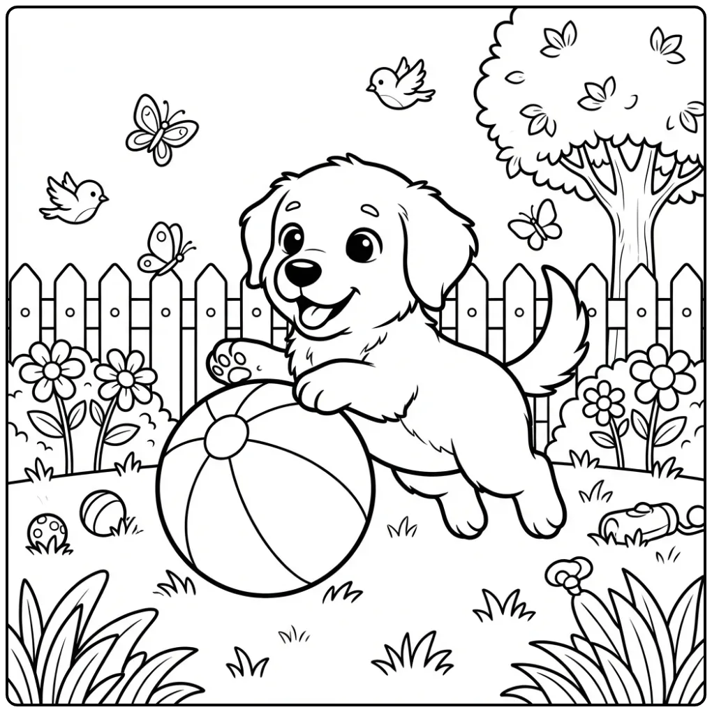 A cute Golden Retriever Coloring Page For Toddlers puppy scene.
