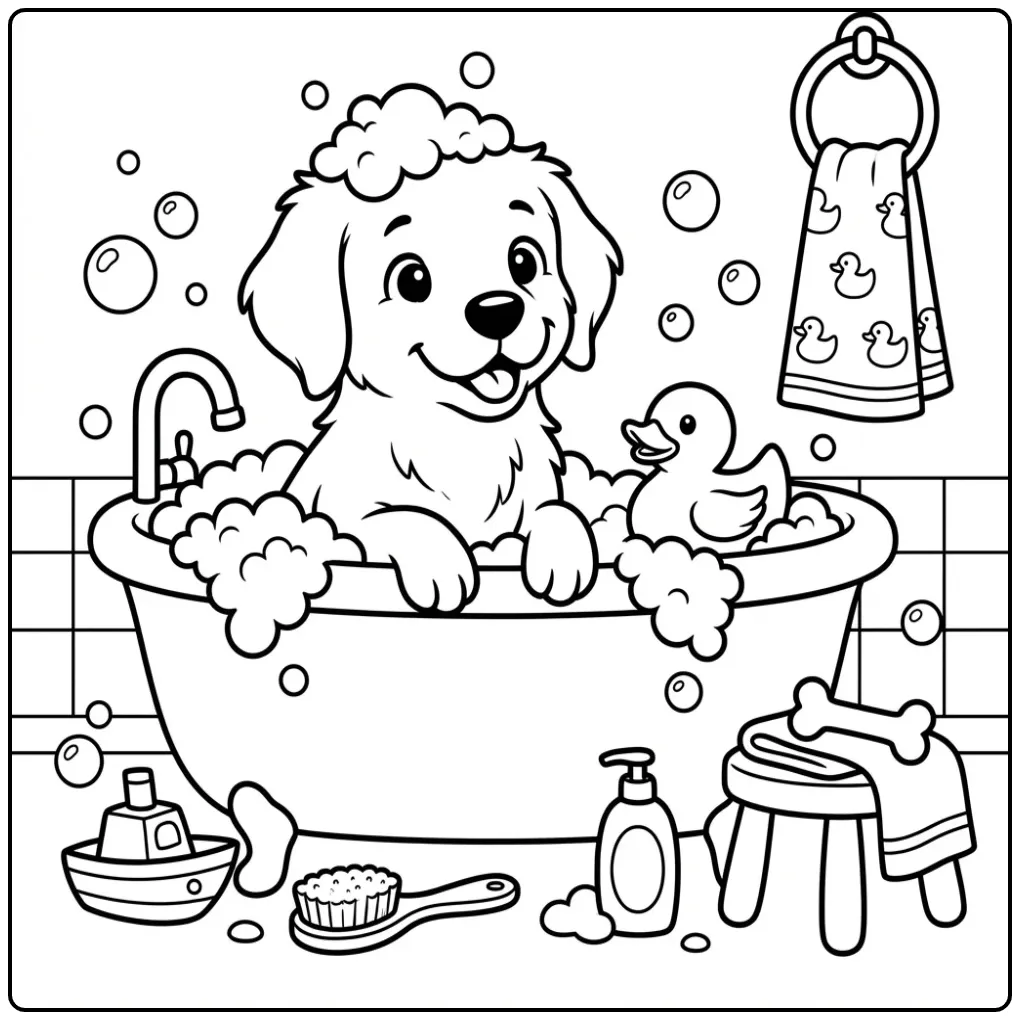 A cute puppy in a bubble bath Golden Retriever Coloring Page.