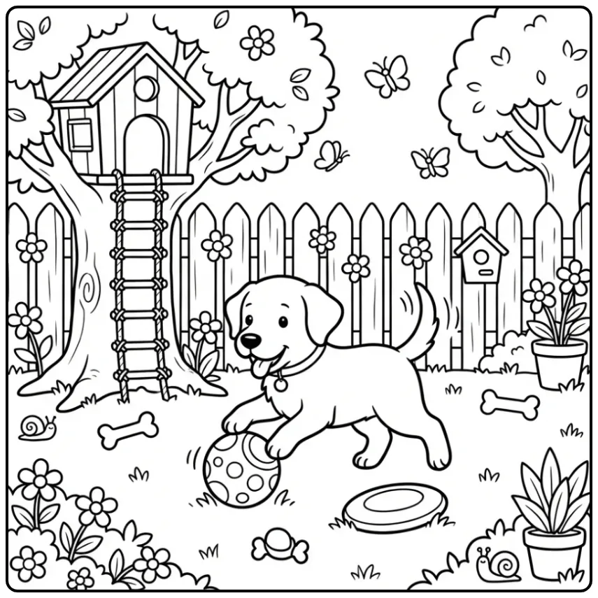 A playful puppy in a backyard Labrador Retriever Coloring Page.