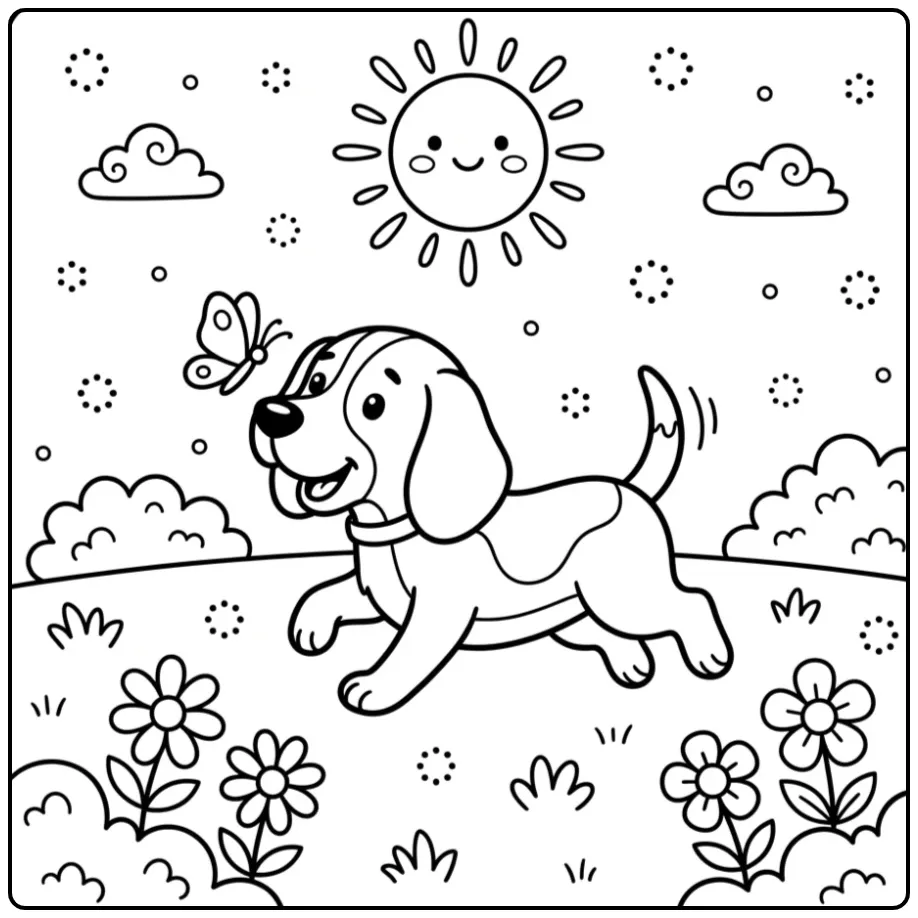A smiling puppy on an Easy Beagle Coloring Page in a field.