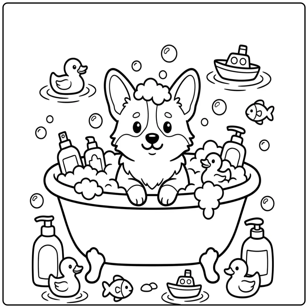 A cute puppy in a bubble bath for a Baby Corgi Coloring Page.