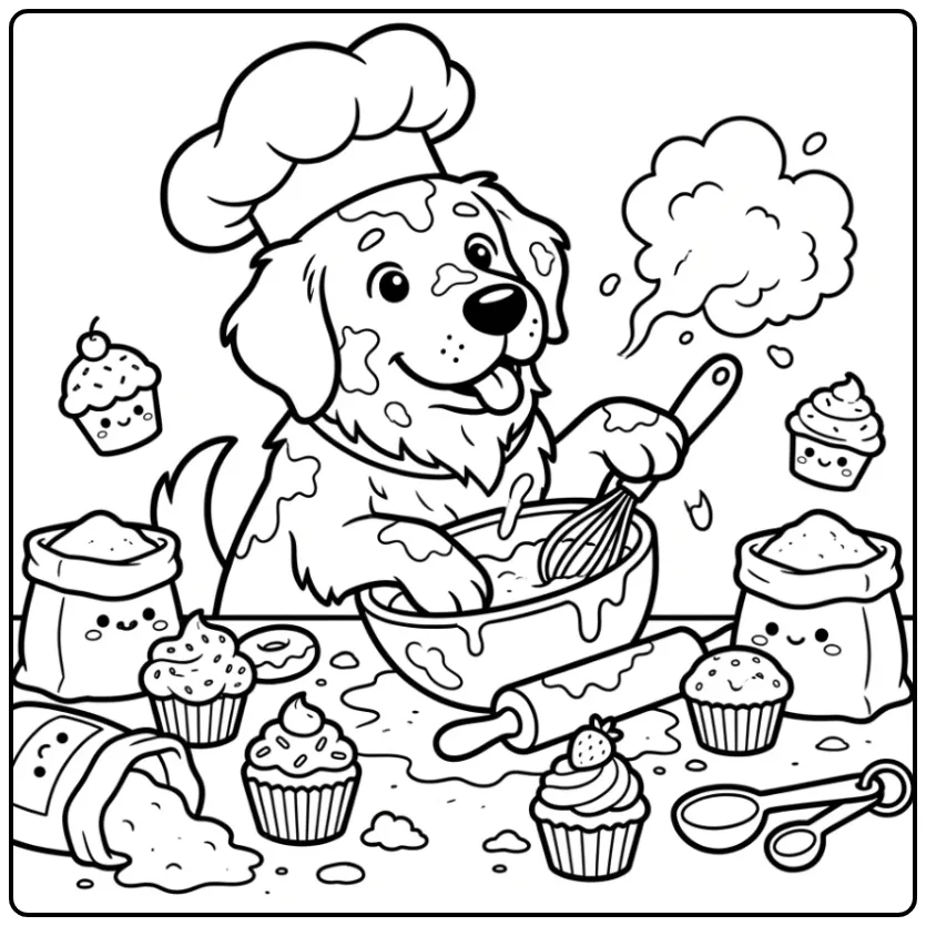 A messy chef dog wearing a hat bakes in a Golden Retriever Coloring Page.