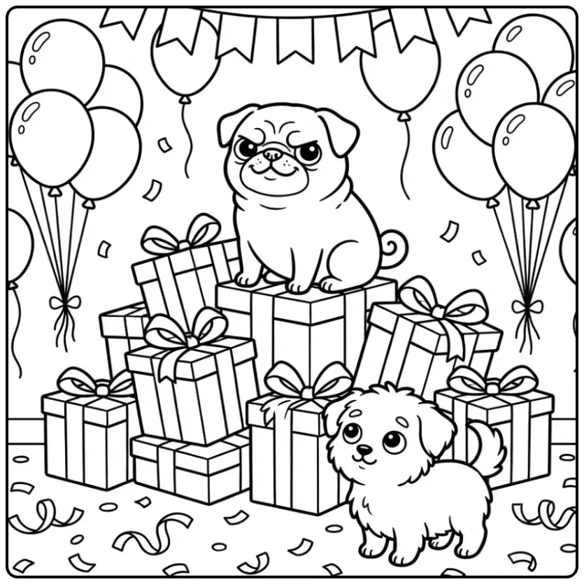 A grumpy Pig The Pug Coloring Page sitting on a gift pile.