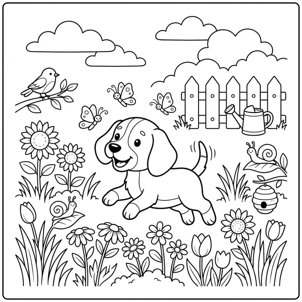 A playful puppy in a garden on a Cute Beagle Coloring Page.