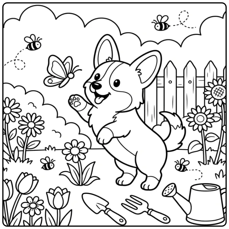 A cute Corgi Puppy Coloring Page featuring a playful dog.