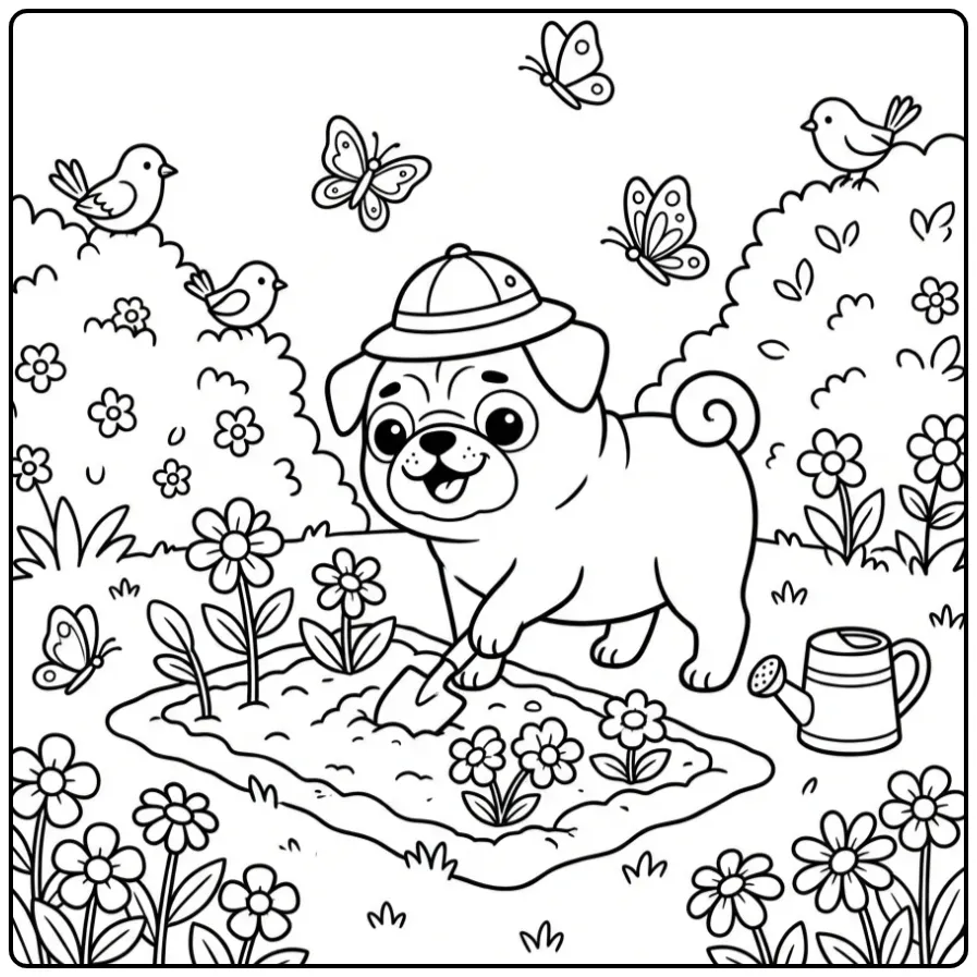 A playful Pug Coloring Page featuring a dog in an explorer hat.