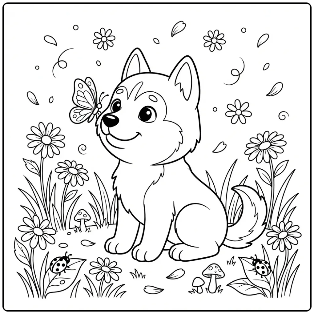 A cheerful Husky Puppy Coloring Page with a butterfly on its nose.