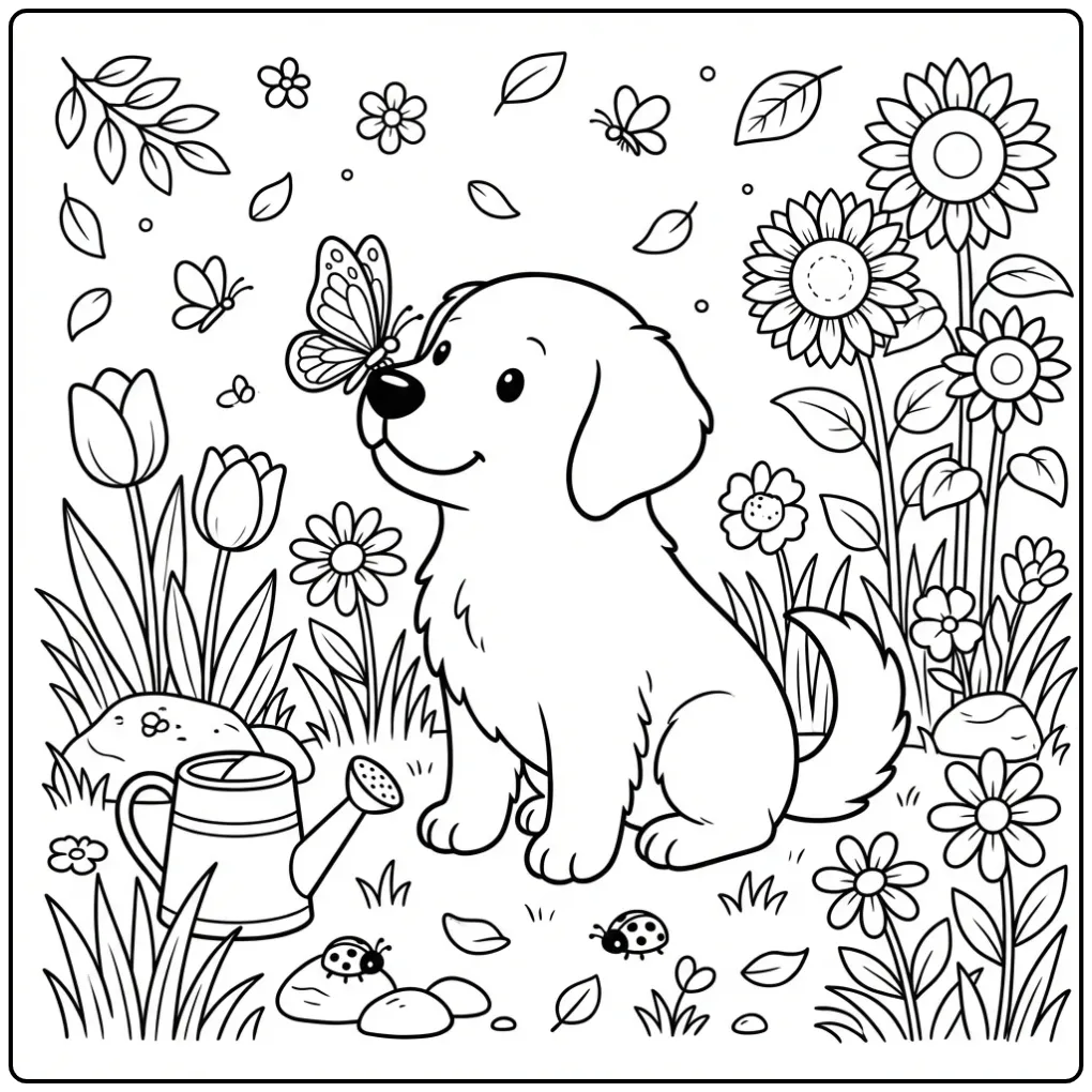A cute Baby Golden Retriever Coloring Page with a butterfly.