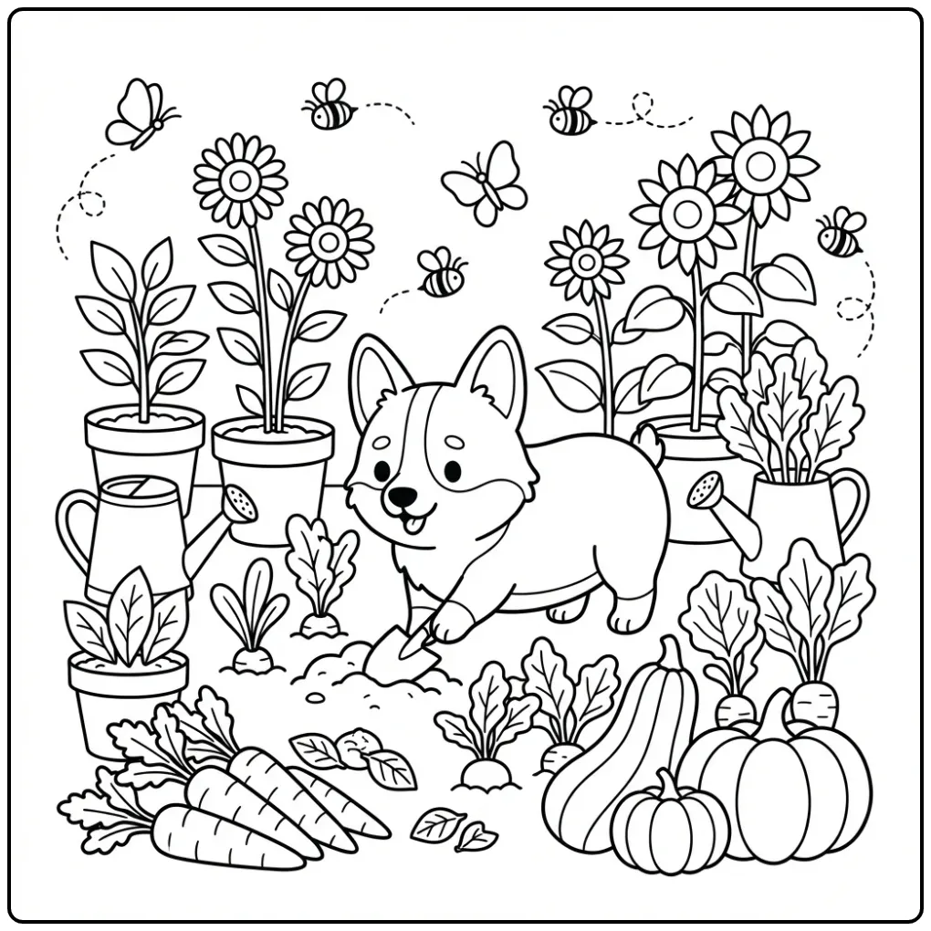 A happy dog in a garden with butterflies, a Corgi Coloring Page.