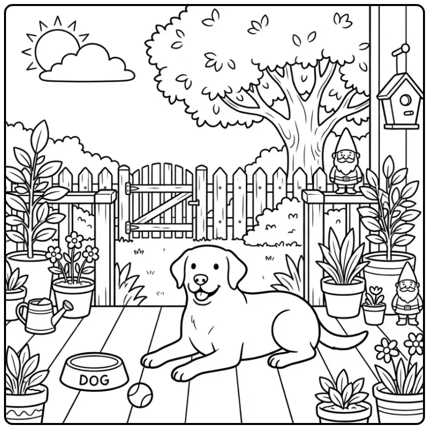 A happy Labrador Realistic Dog Coloring Page relaxing on a porch.