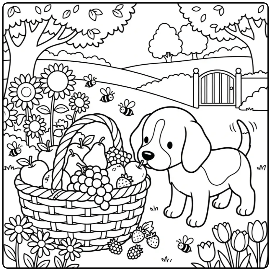 A cute Beagle Coloring Page showing a puppy sniffing fruit.