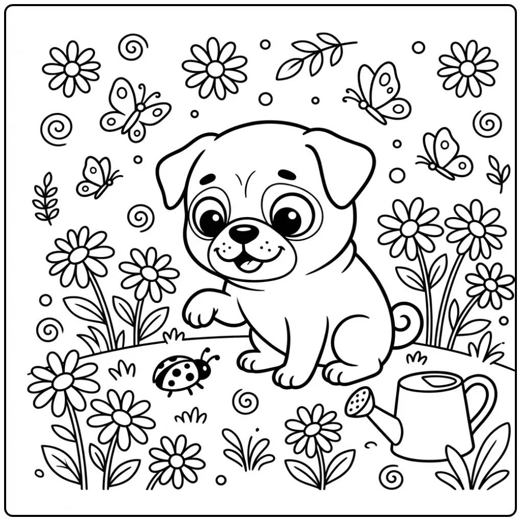 A cute Pug Puppy Coloring Page with a ladybug on its paw.