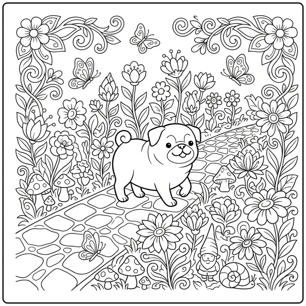 A cute Pug Coloring Page For Adults on a detailed garden path.