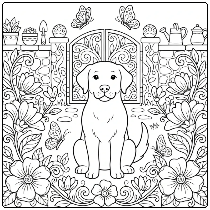 A detailed Labrador Coloring Page For Adults in a lovely garden.