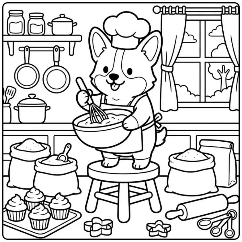 A corgi chef on a stool baking, a Cute Corgi Coloring Page.