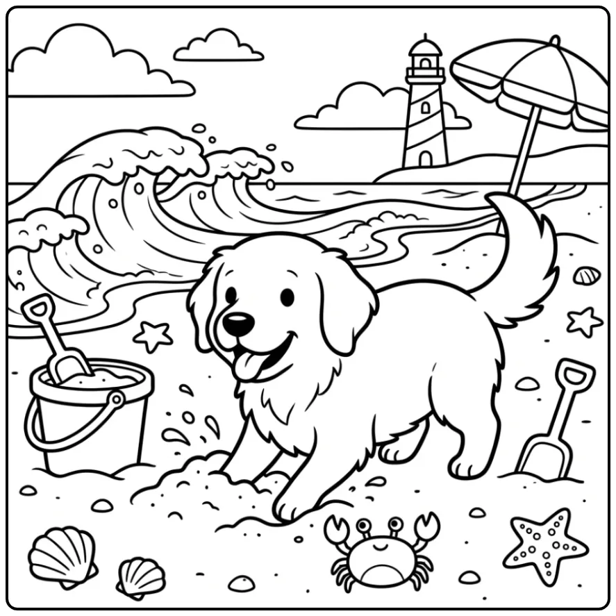 A cute Golden Retriever Coloring Page of a dog at the beach.