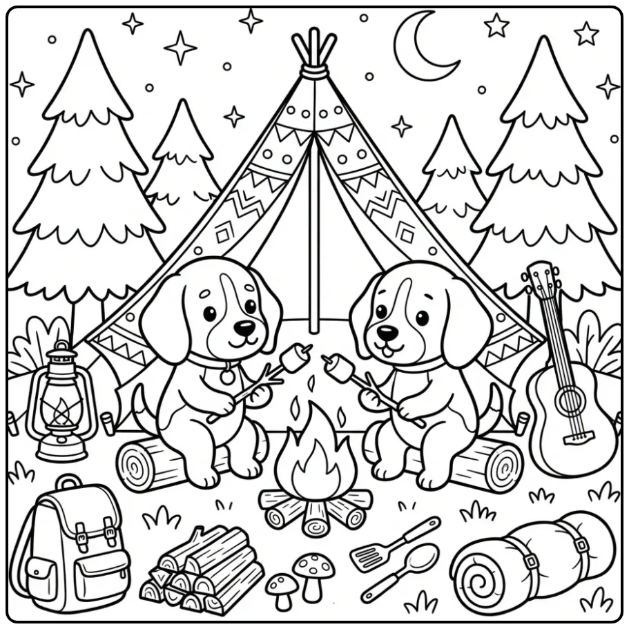 A cute Beagle Coloring Page of two dogs camping at night.