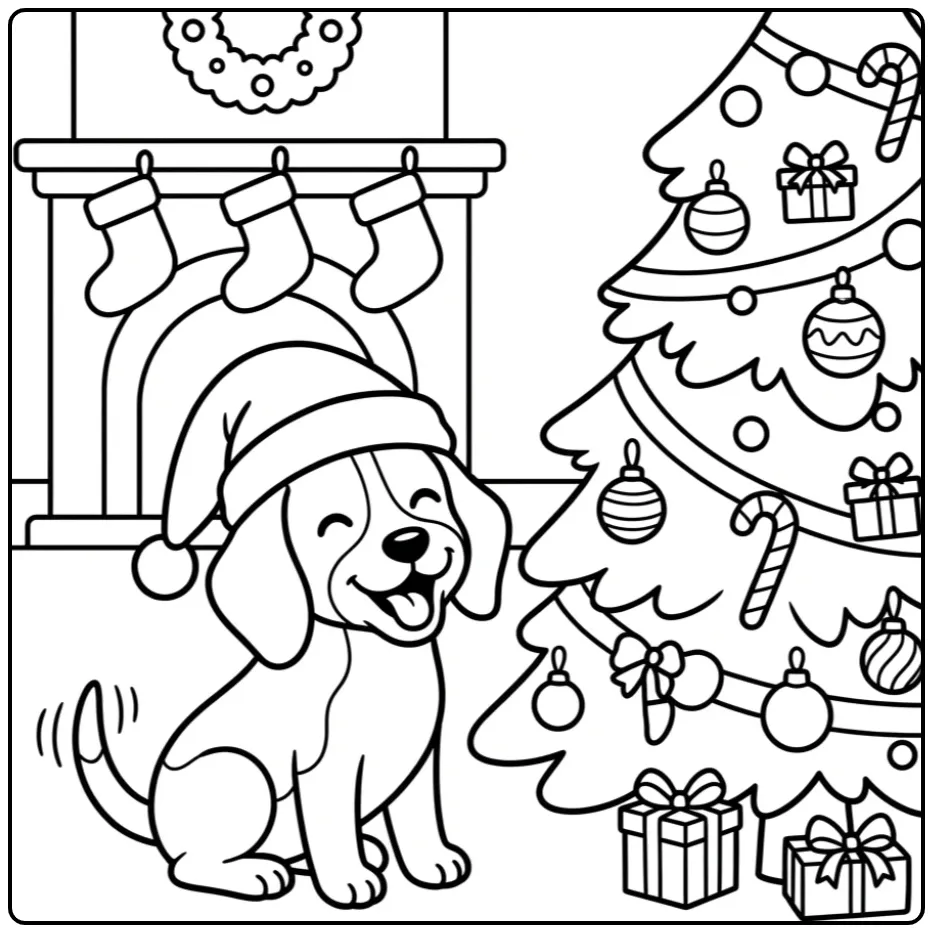 A cute Christmas Beagle Coloring Page with a festive tree.